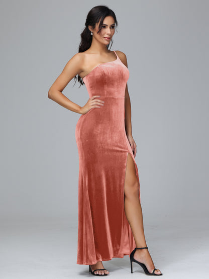 One Shoulder Plus Size Velvet Bridesmaid Dress With Slit