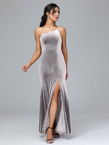 One Shoulder Plus Size Velvet Bridesmaid Dress With Slit