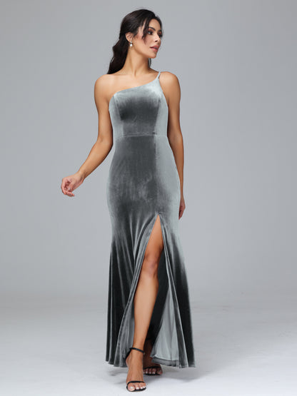 One Shoulder Plus Size Velvet Bridesmaid Dress With Slit