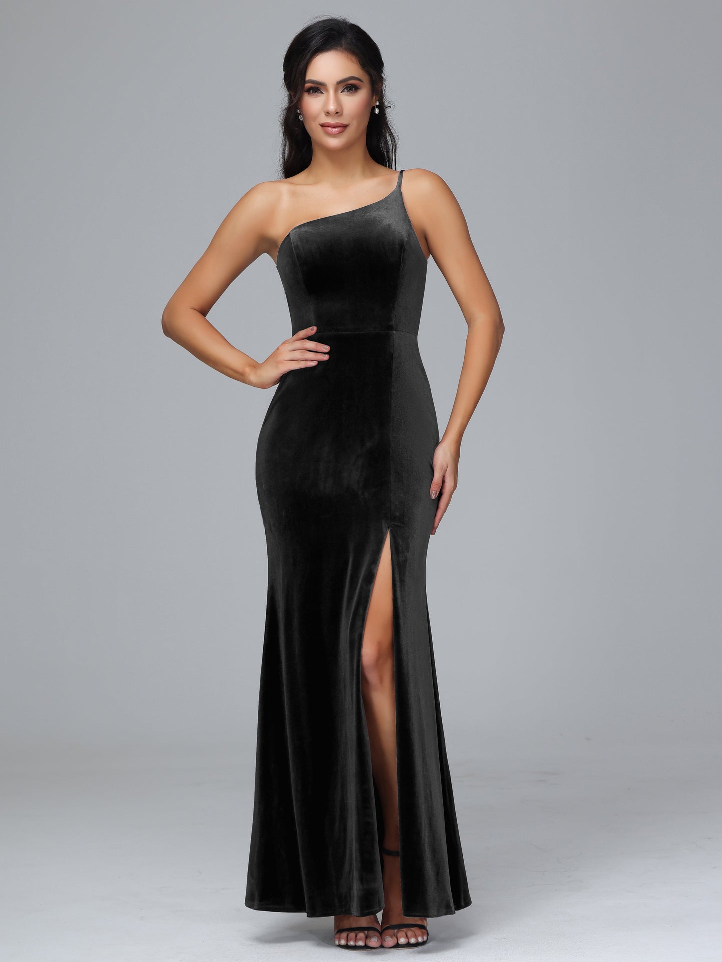 One Shoulder Plus Size Velvet Bridesmaid Dress With Slit