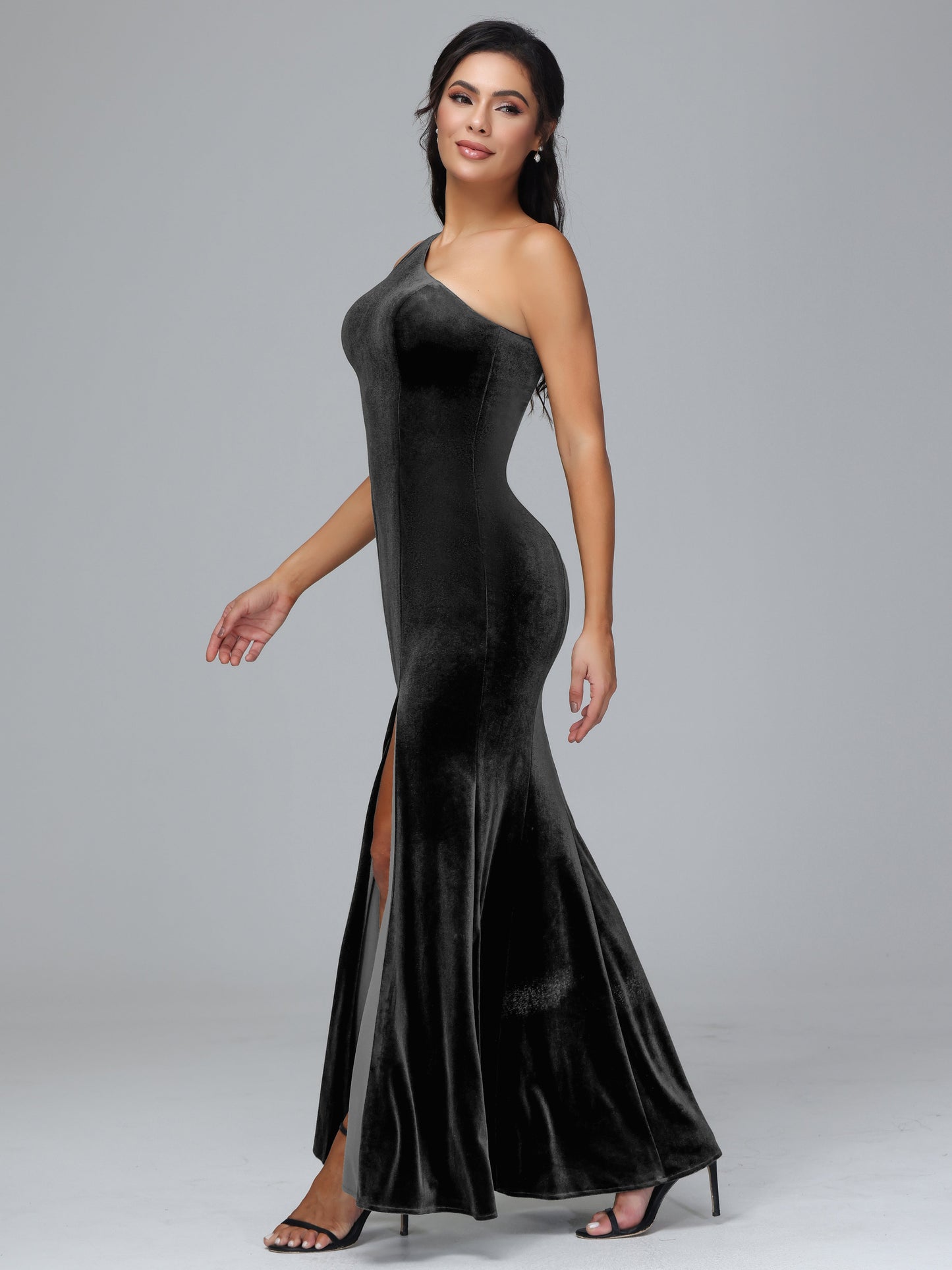 One Shoulder Velvet Bridesmaid Dress With Slit