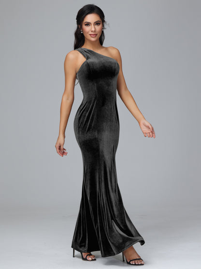 One Shoulder Velvet Bridesmaid Dress With Slit