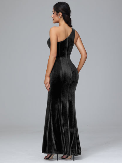 One Shoulder Velvet Bridesmaid Dress With Slit