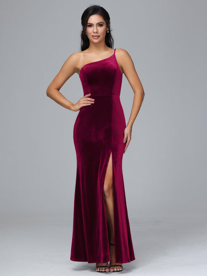One Shoulder Plus Size Velvet Bridesmaid Dress With Slit