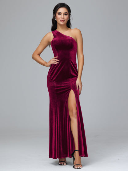 One Shoulder Velvet Bridesmaid Dress With Slit