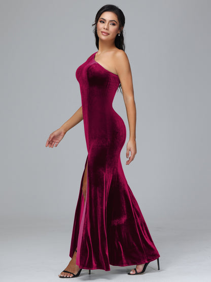 One Shoulder Velvet Bridesmaid Dress With Slit