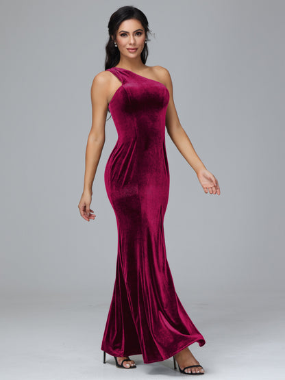 One Shoulder Velvet Bridesmaid Dress With Slit