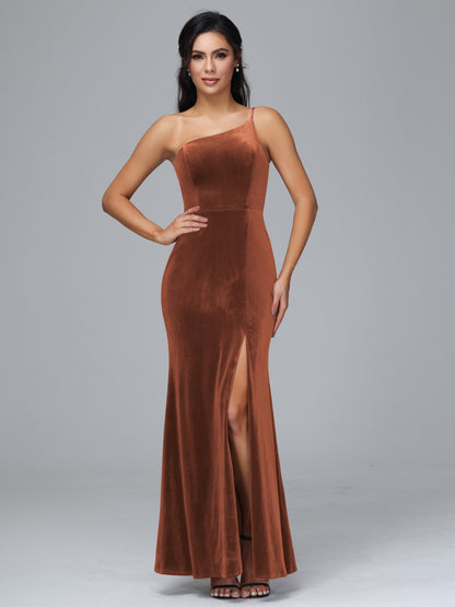 One Shoulder Plus Size Velvet Bridesmaid Dress With Slit