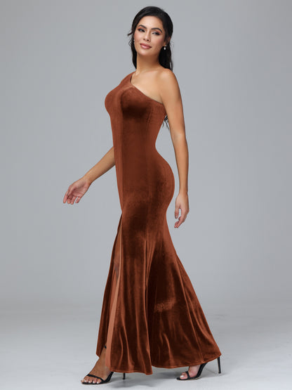 One Shoulder Velvet Bridesmaid Dress With Slit