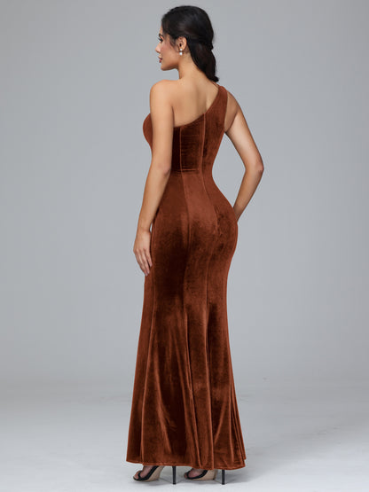 One Shoulder Velvet Bridesmaid Dress With Slit