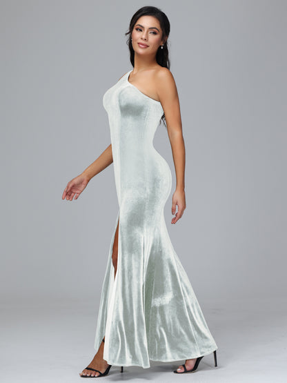 One Shoulder Velvet Bridesmaid Dress With Slit