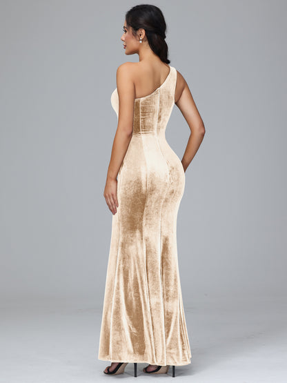 One Shoulder Velvet Bridesmaid Dress With Slit
