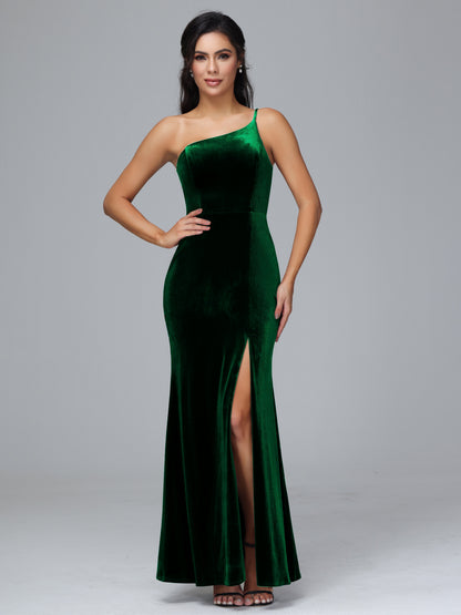 One Shoulder Plus Size Velvet Bridesmaid Dress With Slit