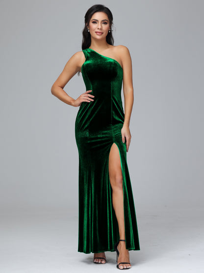 One Shoulder Velvet Bridesmaid Dress With Slit