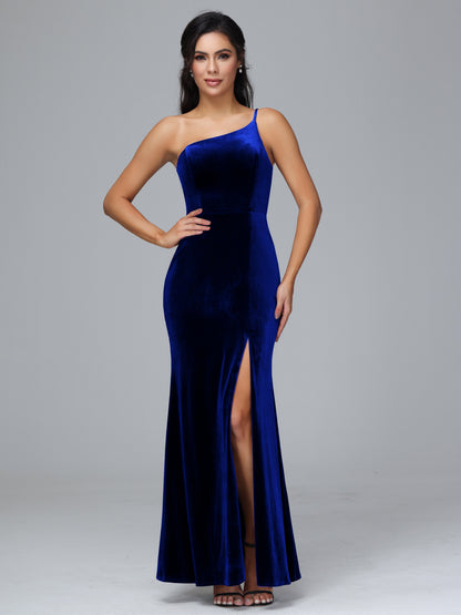 One Shoulder Plus Size Velvet Bridesmaid Dress With Slit