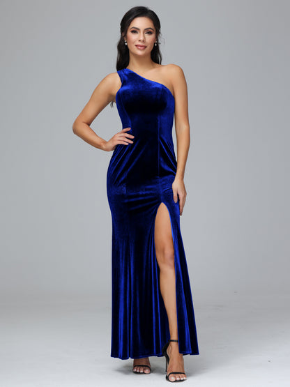 One Shoulder Velvet Bridesmaid Dress With Slit