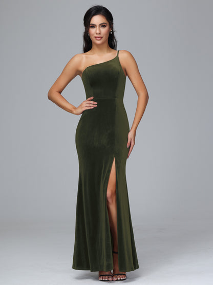 One Shoulder Plus Size Velvet Bridesmaid Dress With Slit
