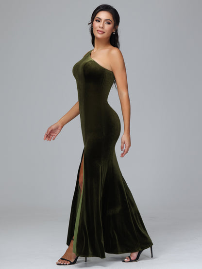 One Shoulder Velvet Bridesmaid Dress With Slit