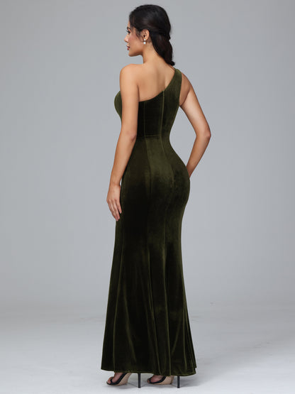 One Shoulder Velvet Bridesmaid Dress With Slit