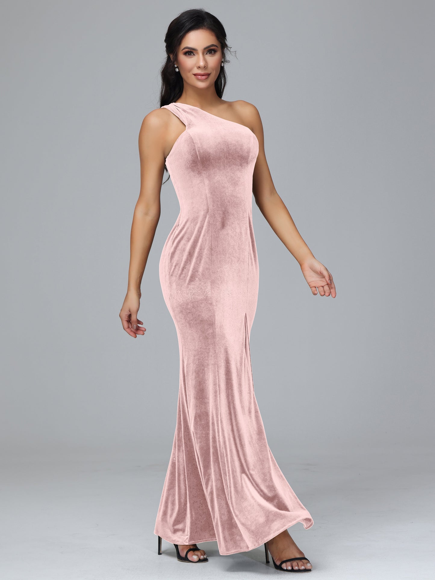 One Shoulder Velvet Bridesmaid Dress With Slit