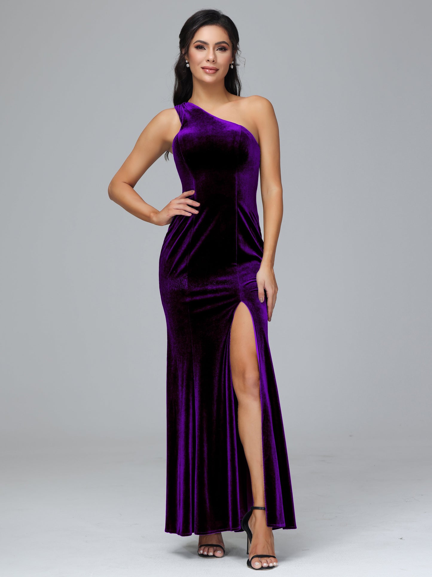 One Shoulder Velvet Bridesmaid Dress With Slit