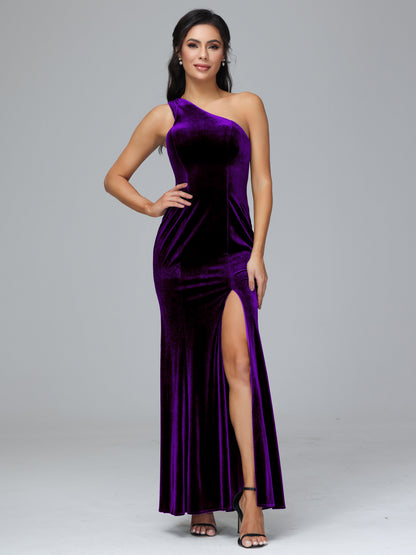 One Shoulder Velvet Bridesmaid Dress With Slit