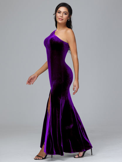 One Shoulder Velvet Bridesmaid Dress With Slit