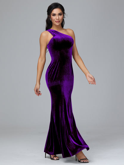 One Shoulder Velvet Bridesmaid Dress With Slit