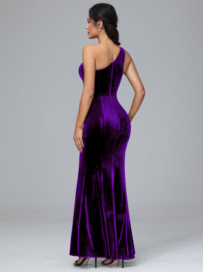 One Shoulder Velvet Bridesmaid Dress With Slit