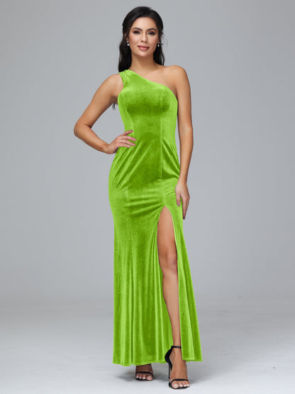 One Shoulder Velvet Bridesmaid Dress With Slit