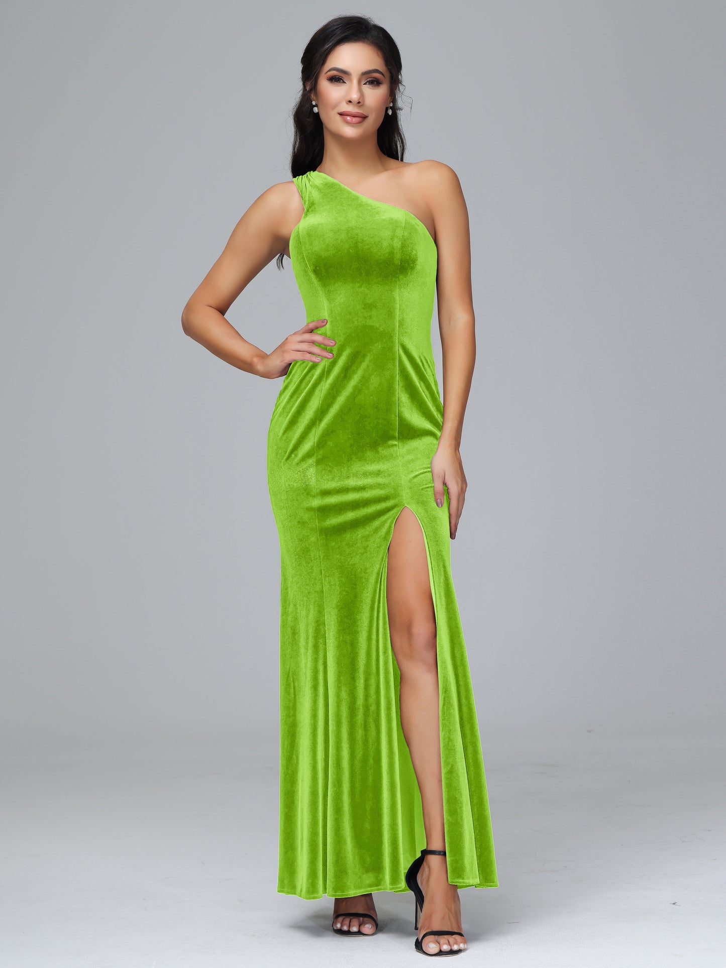 One Shoulder Plus Size Velvet Bridesmaid Dress With Slit