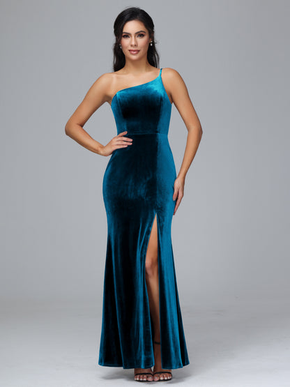 One Shoulder Plus Size Velvet Bridesmaid Dress With Slit
