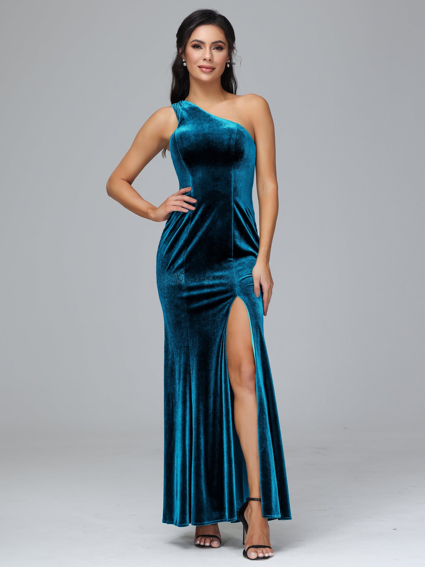 One Shoulder Plus Size Velvet Bridesmaid Dress With Slit