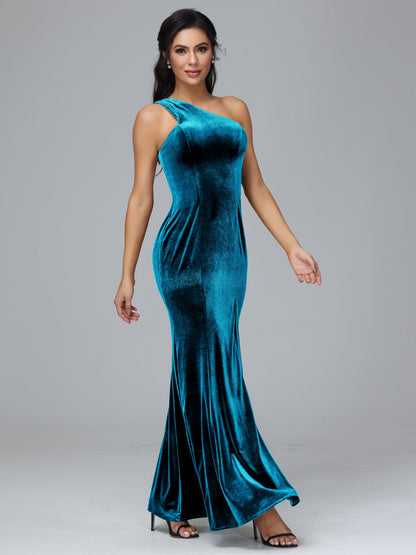 One Shoulder Velvet Bridesmaid Dress With Slit