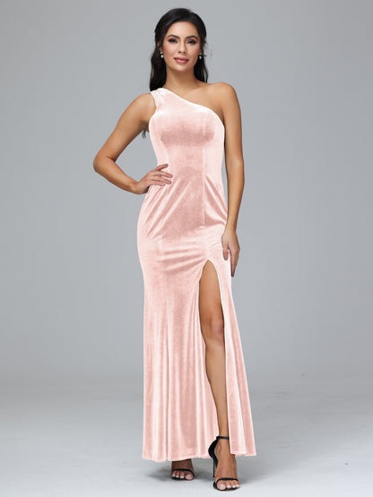 One Shoulder Velvet Bridesmaid Dress With Slit
