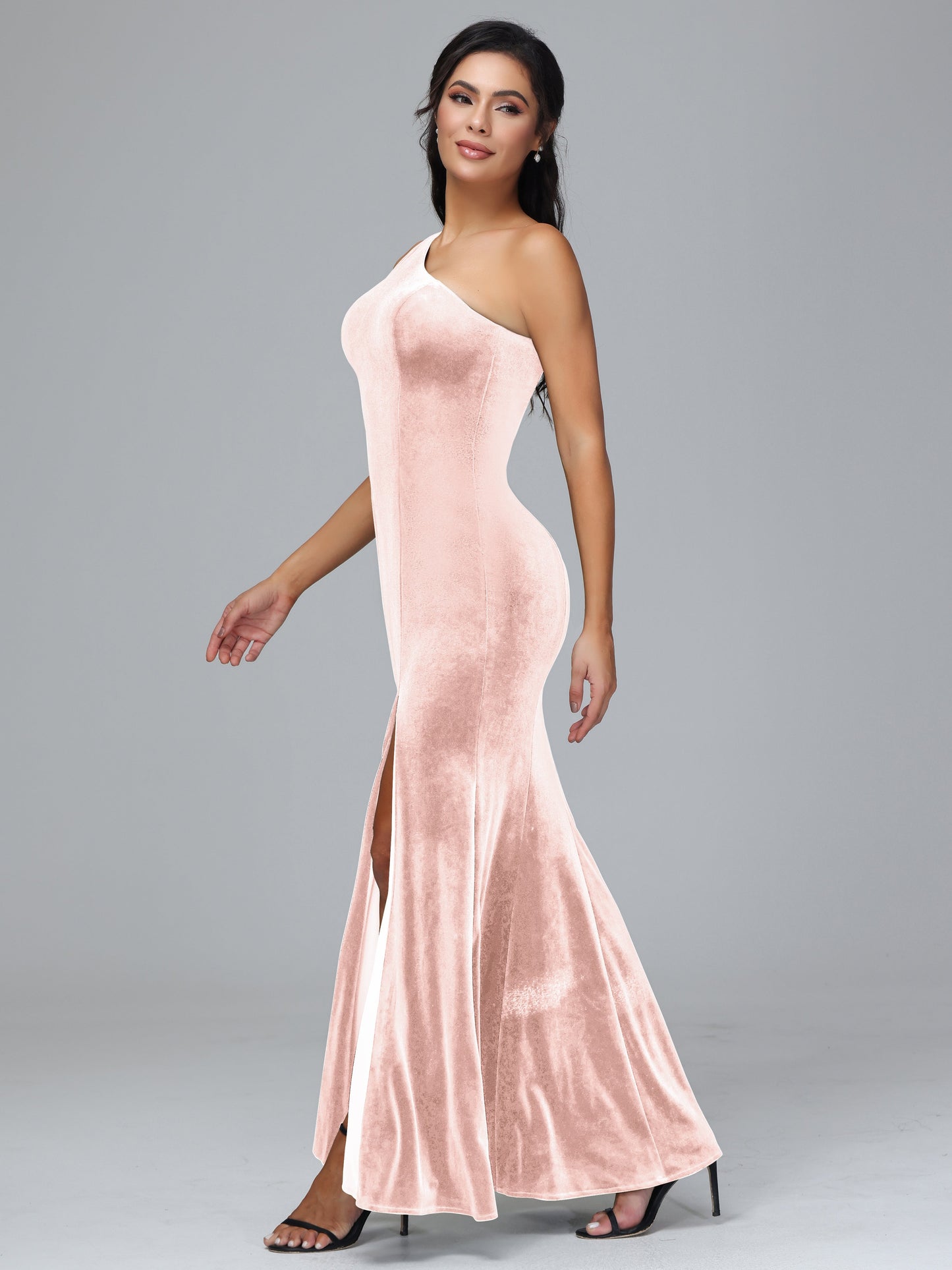 One Shoulder Velvet Bridesmaid Dress With Slit