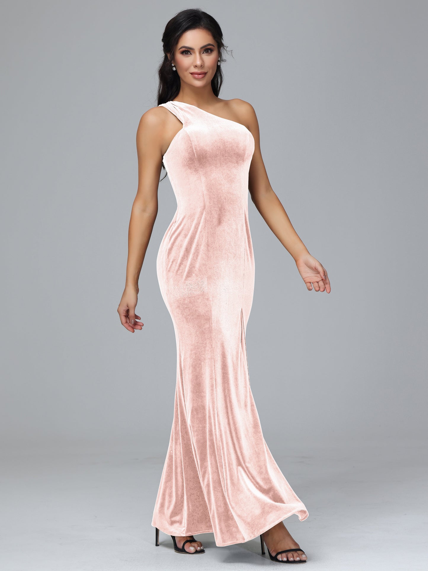 One Shoulder Velvet Bridesmaid Dress With Slit