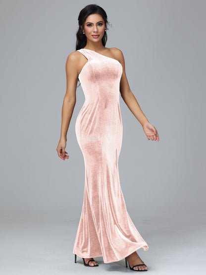 One Shoulder Velvet Bridesmaid Dress With Slit
