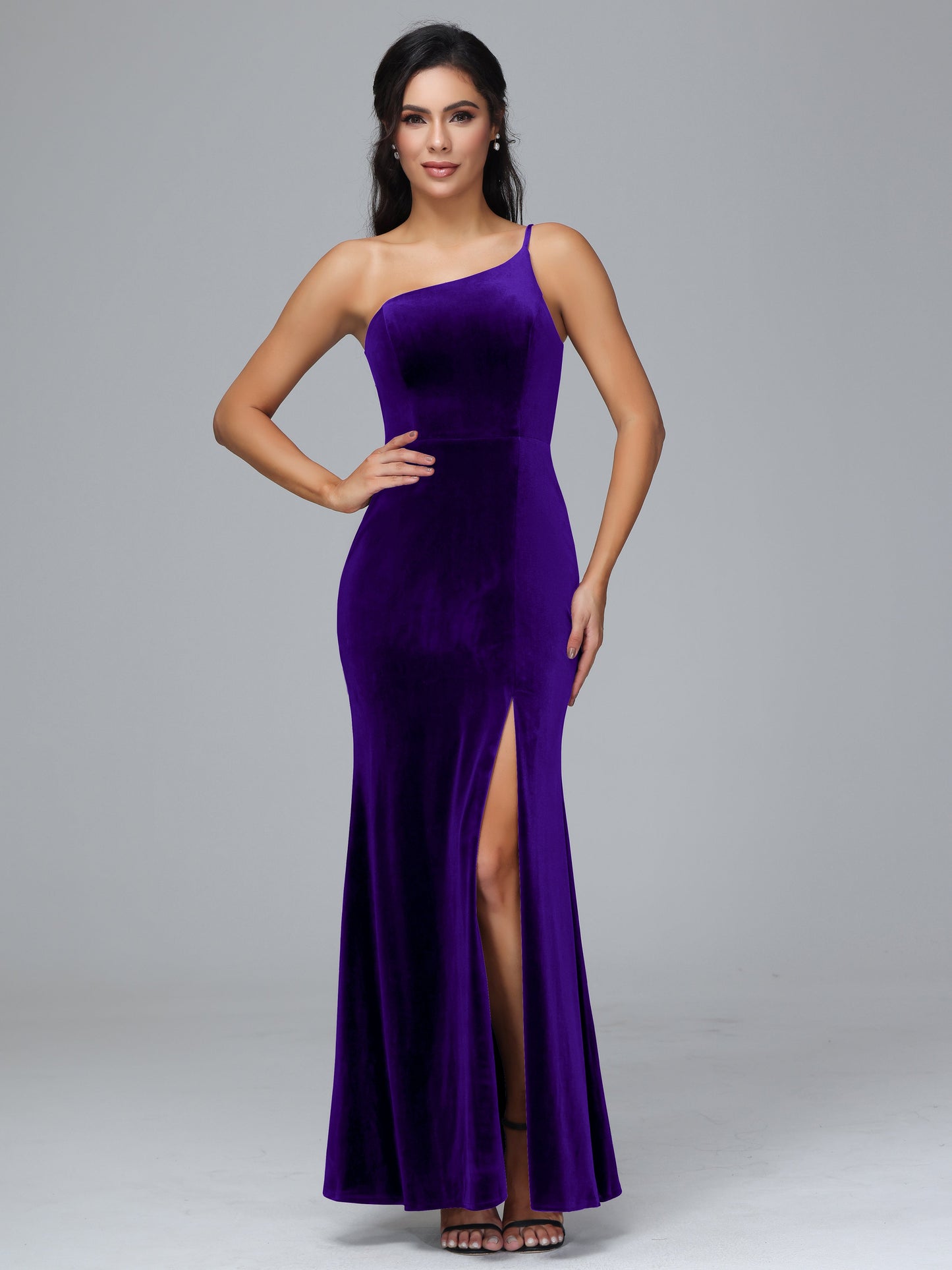 One Shoulder Plus Size Velvet Bridesmaid Dress With Slit