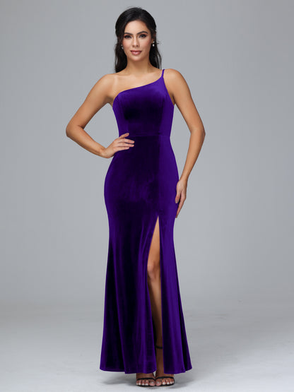 One Shoulder Plus Size Velvet Bridesmaid Dress With Slit