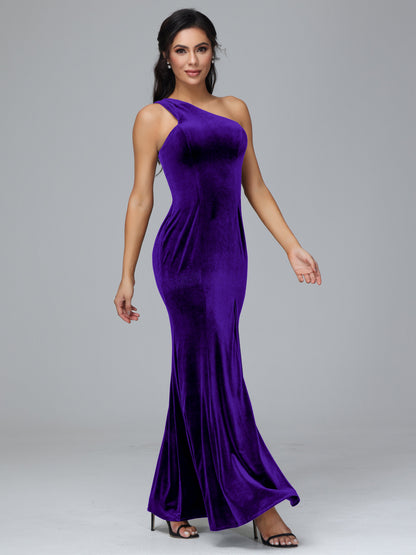 One Shoulder Velvet Bridesmaid Dress With Slit