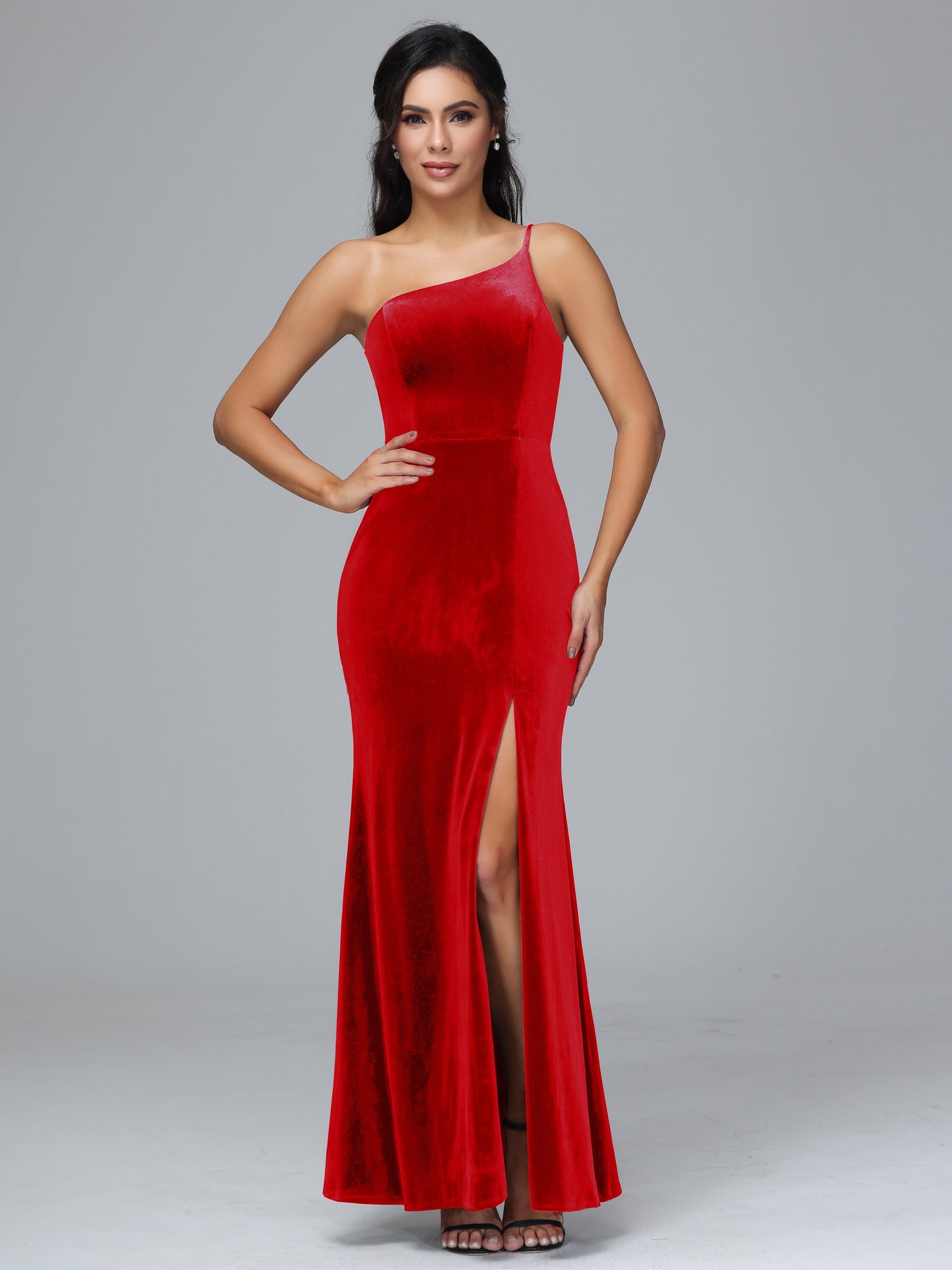 One Shoulder Plus Size Velvet Bridesmaid Dress With Slit
