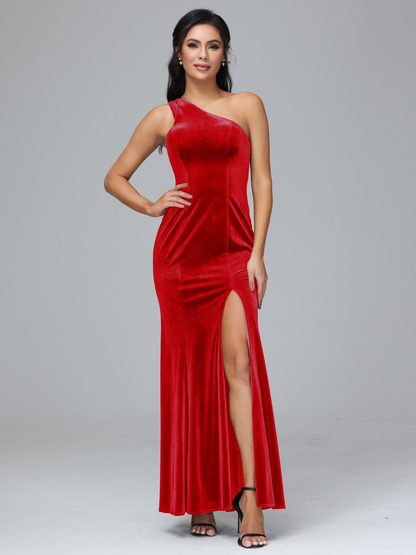 One Shoulder Plus Size Velvet Bridesmaid Dress With Slit