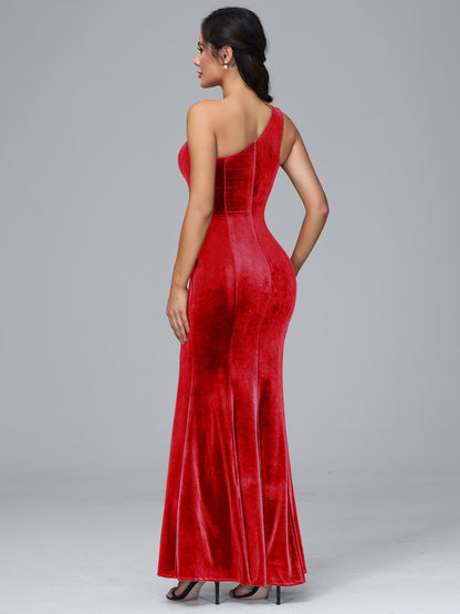 One Shoulder Velvet Bridesmaid Dress With Slit