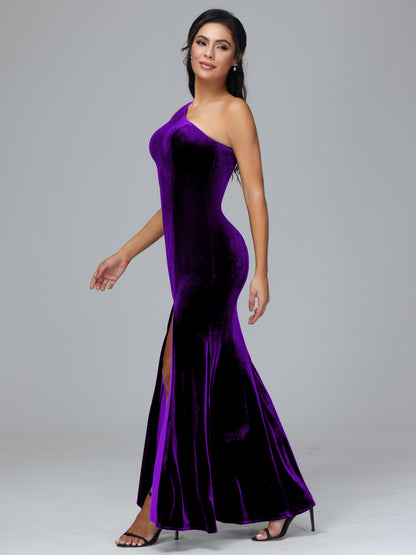One Shoulder Velvet Bridesmaid Dress With Slit