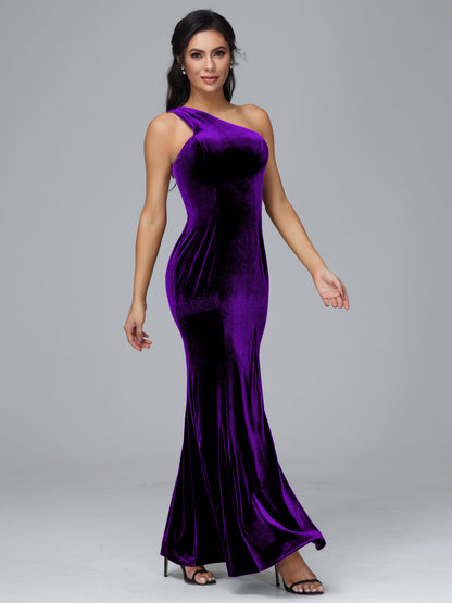 One Shoulder Velvet Bridesmaid Dress With Slit