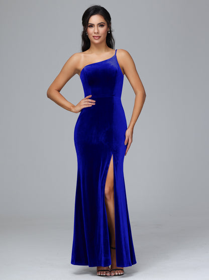 One Shoulder Plus Size Velvet Bridesmaid Dress With Slit