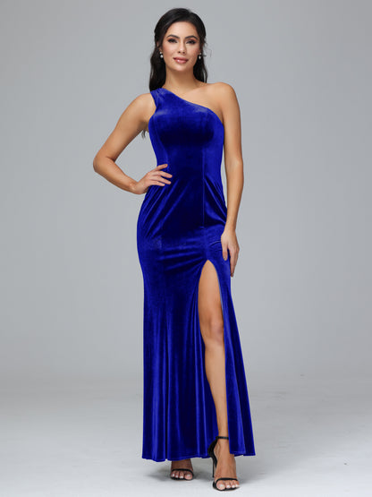 One Shoulder Velvet Bridesmaid Dress With Slit