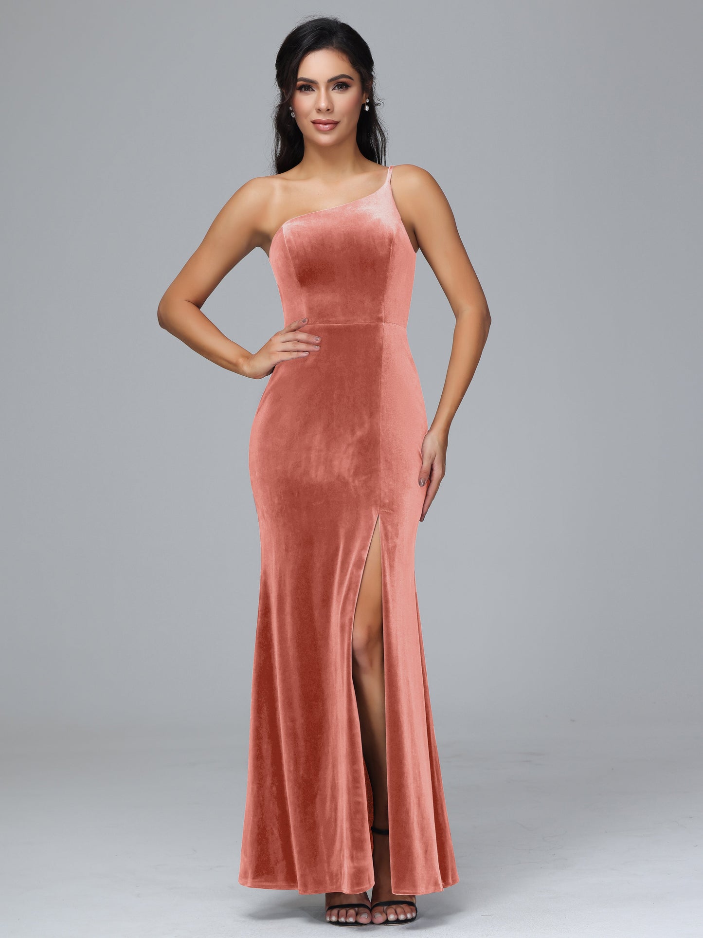 One Shoulder Plus Size Velvet Bridesmaid Dress With Slit