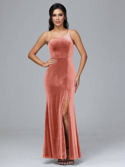 One Shoulder Plus Size Velvet Bridesmaid Dress With Slit